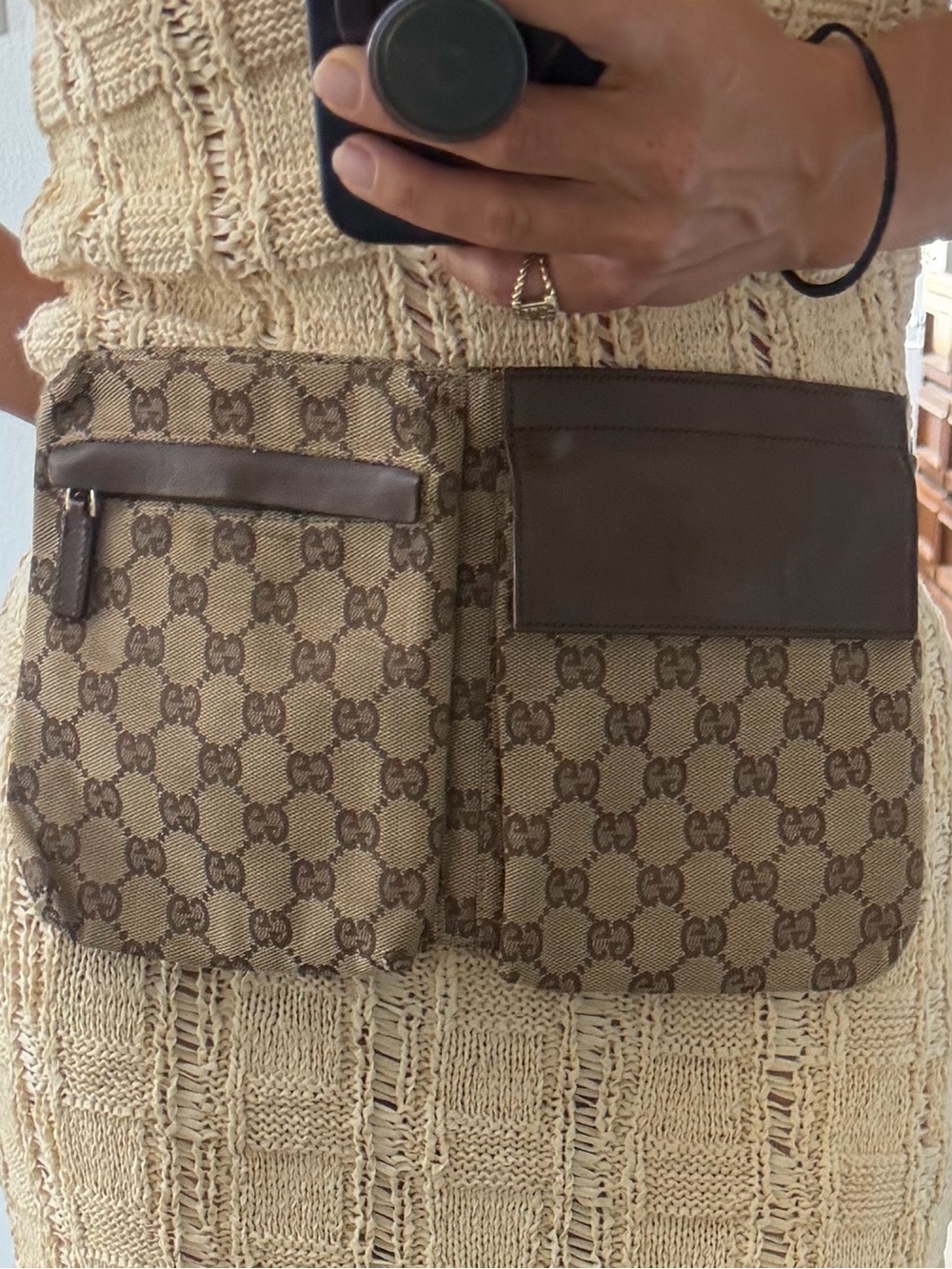 Vintage Gucci GG Canvas Double Pocket Belt Bag Fanny Pack Brown Italy Y2K